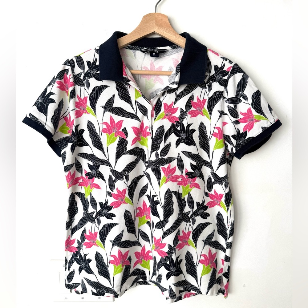 Lands End Floral Polo Top - Pink & Black